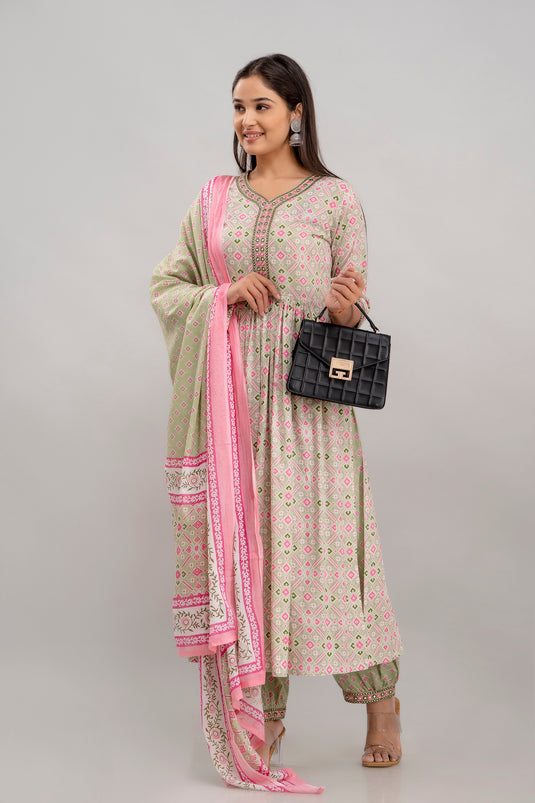 Women's Printed Pure Cotton Traditional Pure Silk Coding Mirror Embroidery Work Aliya Cut Kurta With Trousers and Dupatta