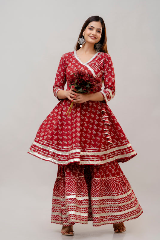 Women's Pure Cotton Party Wear Stylish BERRY RED Floral Print Sharara Set with Gota Patti Work