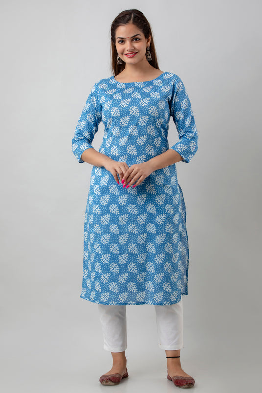 Women's Pure Cotton Calf Length Traditional Floral Printed Staright Kurta