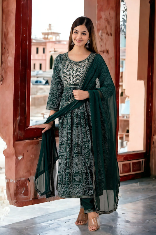 Viscose Rayon (LIVA) Khadi Print Sequence Zari Work Naira Cut Kurta with Trouser and Nazmin Dupatta for Women