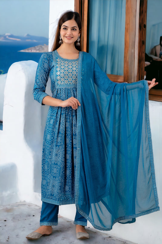 Viscose Rayon (LIVA) Khadi Print Sequence Zari Work Naira Cut Kurta with Trouser and Nazmin Dupatta for Women