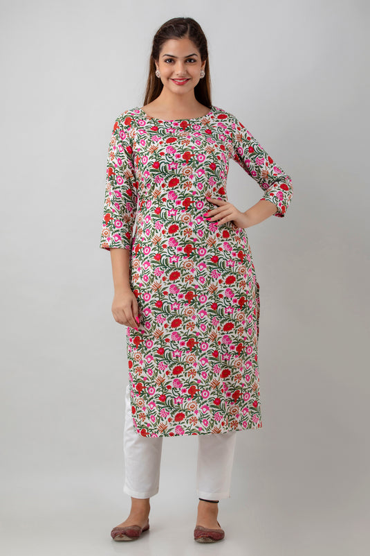 Women's Pure Cotton Calf Length Traditional Floral Printed Staright Kurta