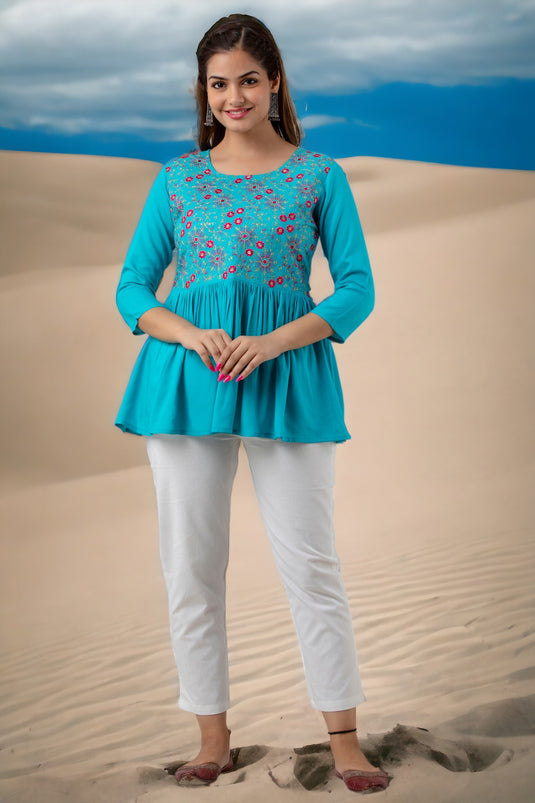 Women's Viscose Rayon (LIVA) Silk Embroidered Designer ROYSTON TURQUOISE Fancy Pretty Top