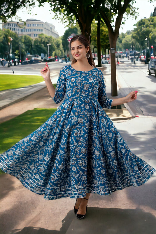 Pure Cotton Floral Print Flared Traditional DODGER BLUE Pretty Lace Work Kurta for Girls & Women