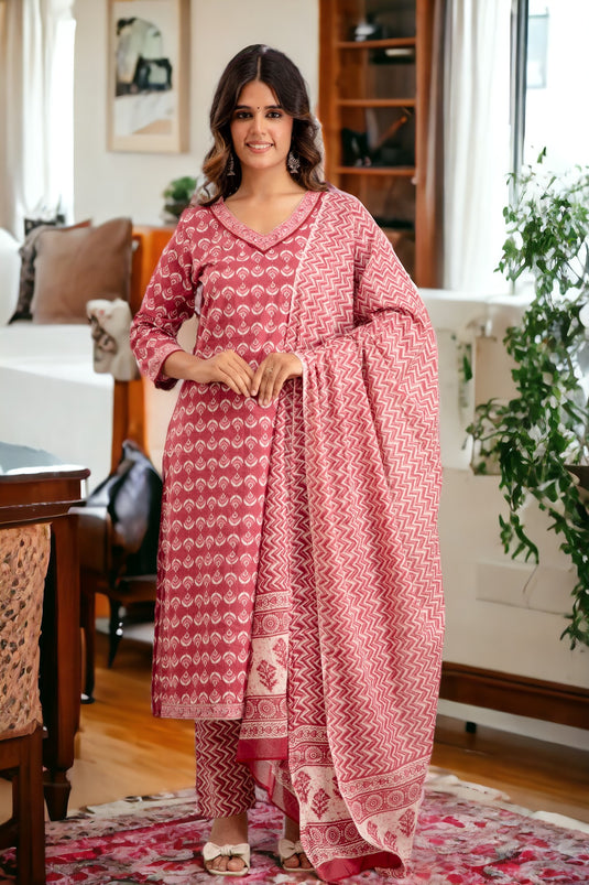 Women's Printed Pure Cotton Traditional Sequence Patch Work Straight Kurta With Trouser and Dupatta