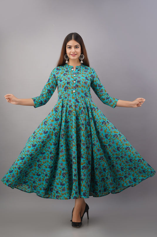 Women's Pure Cotton Printed Ankle Lenght Flared Party Wear Designer Traditional Kurta