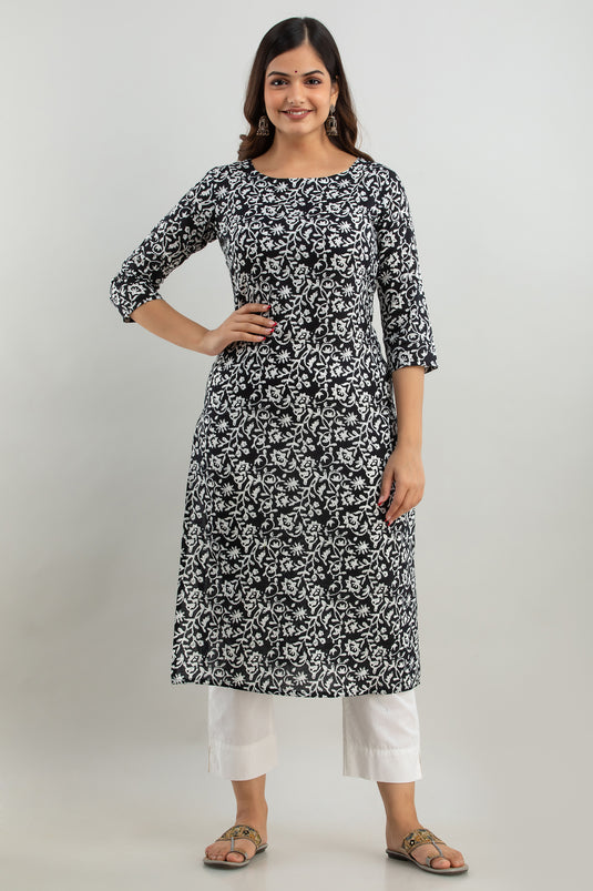 Women's Pure Cotton Calf Length Traditional Floral Printed Staright Kurta