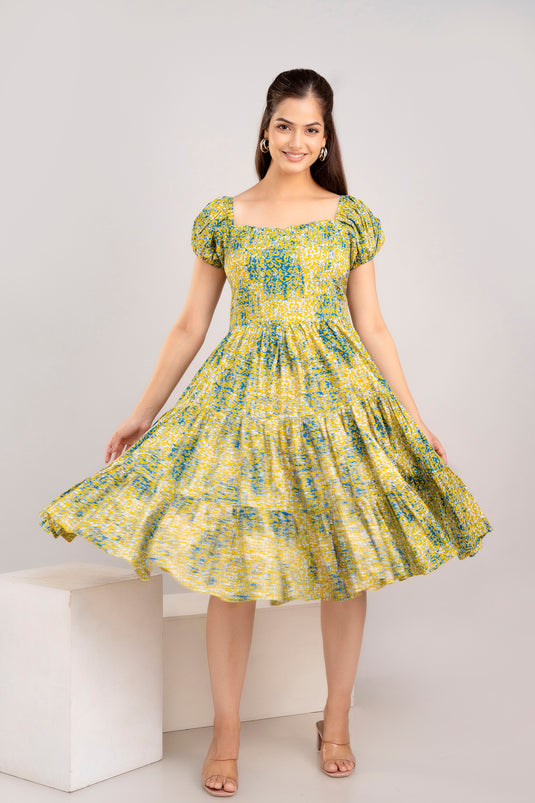 Women's Printed Pure Cotton Tiered Fit and Flared Cold Shoulder LIME GREEN & LAPIS BLUE Knee Length Dress