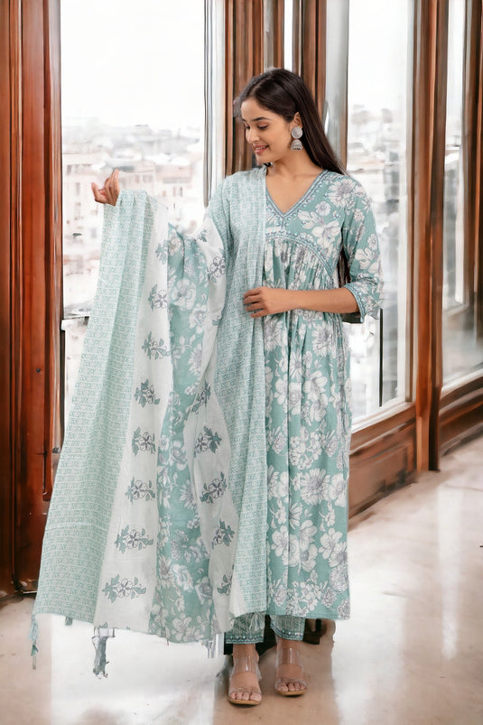 Floral Print Empire Thread Work Pure Cotton SEAFOAM GREEN Alia Cut Flared Kurta with Trousers & Dupatta