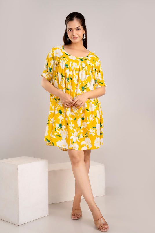 Women's Floral Print Pure Cotton BUTTER YELLOW & PINE GREEN Night Wear Mini Dress