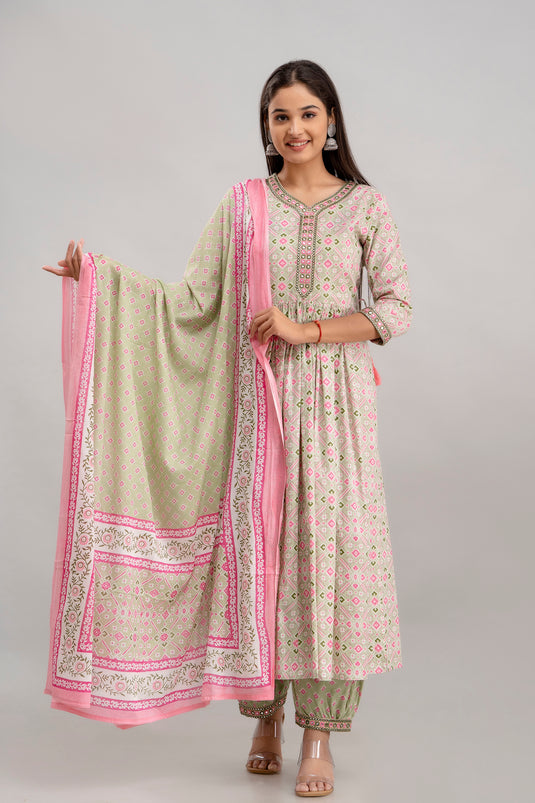 Women's Printed Pure Cotton Traditional Pure Silk Coding Mirror Embroidery Work Aliya Cut Kurta With Trousers and Dupatta