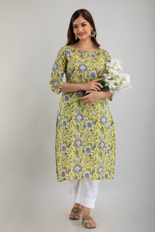 Women's Pure Cotton Calf Length Traditional Floral Printed Staright Kurta