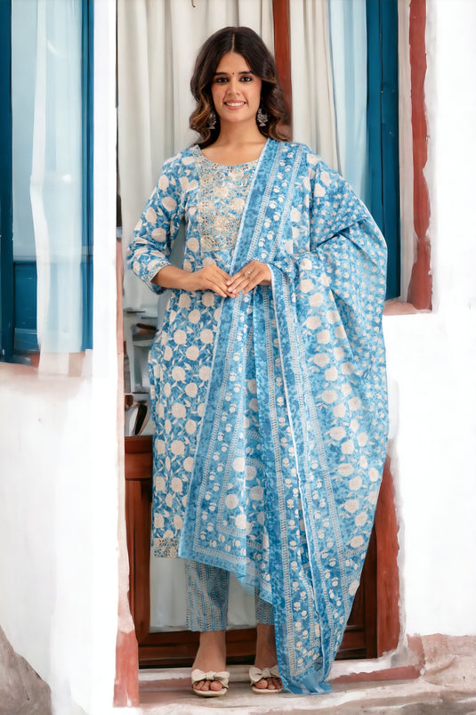 Women's Printed Pure Cotton Traditional Sequence Patch Work Straight Kurta With Trouser and Dupatta