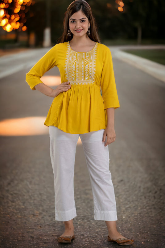 Women's Viscose Rayon (LIVA) Silk Embroidered Designer BUTTER YELLOW Hip Length Top