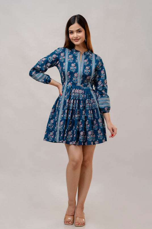 Women's Pure Cotton Designer Printed Knee Length Dress with Designer Sleeves & Attractive Border