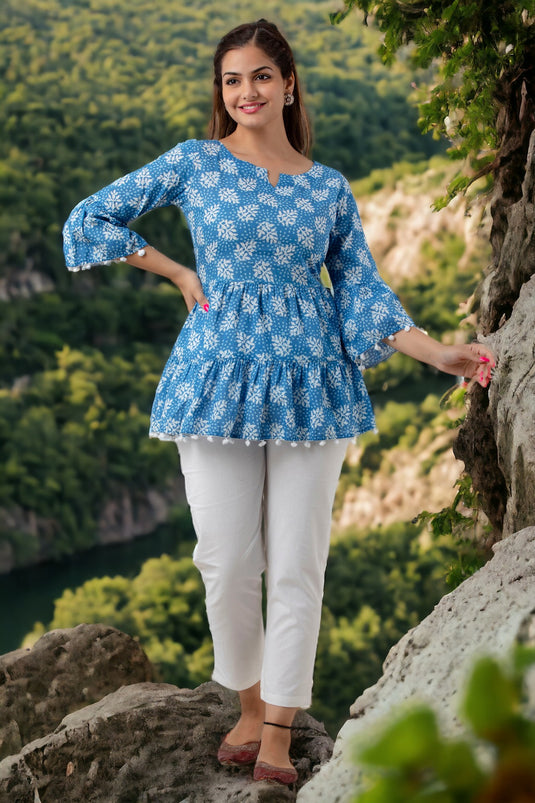 Women's Beautiful Bell Sleeves Pure Cotton Printed Hip Length SKY BLUE Top