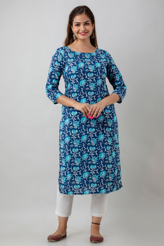 Women's Pure Cotton Calf Length Traditional Floral Printed Staright Kurta