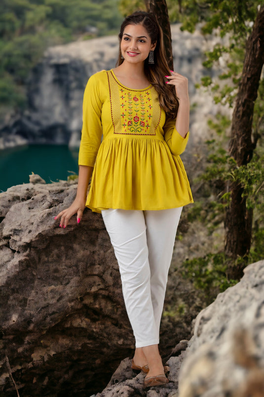 Women's Viscose Rayon (LIVA) Silk Embroidered Designer BUTTER YELLOW Top