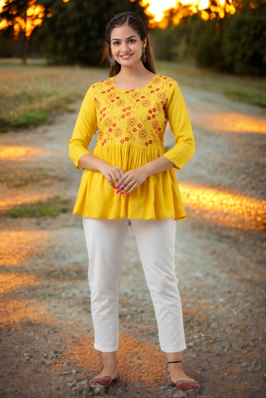 Women's Viscose Rayon (LIVA) Silk Embroidered Designer BUTTER YELLOW Fancy Pretty Top