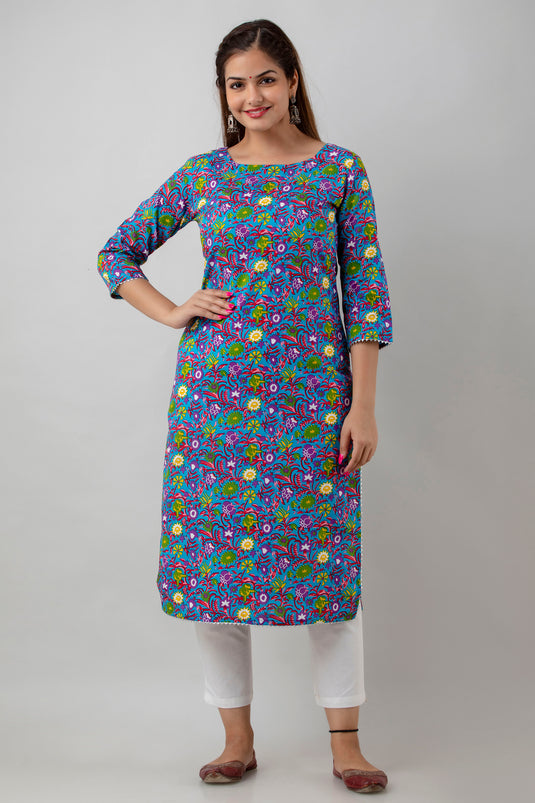 Women's Pure Cotton Calf Length Traditional Floral Printed Staright Kurta