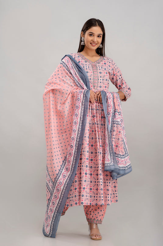 Women's Printed Pure Cotton Traditional Pure Silk Coding Mirror Embroidery Work Aliya Cut Kurta With Trousers and Dupatta