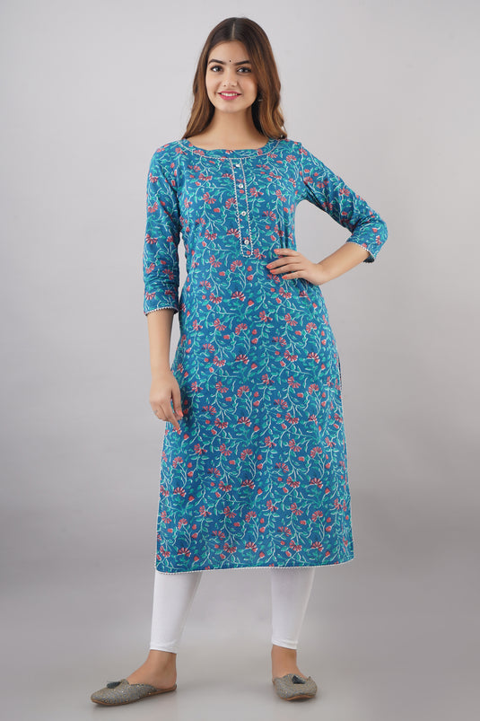 Women's Pure Cotton Traditional  Calf Length Floral Printed Staright Kurta