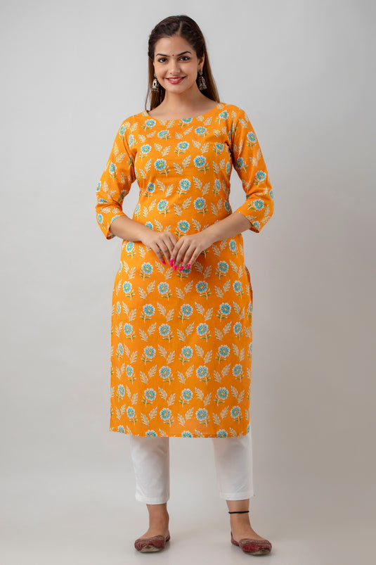 Women's Pure Cotton Calf Length Traditional Floral Printed Staright Kurta