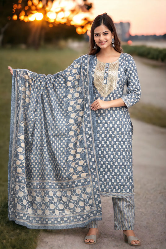 Women's Printed Pure Cotton Traditional Sequence Patch Work Straight Kurta With Trouser and Dupatta
