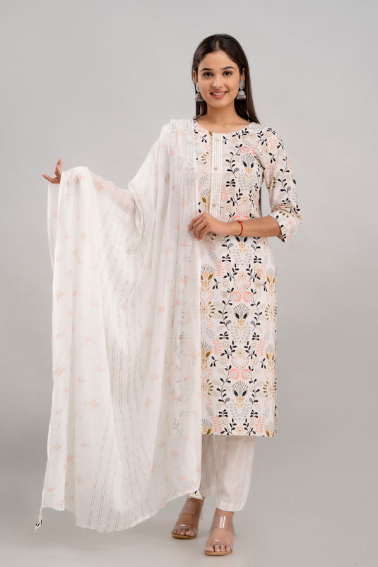 Women's Printed Pure Cotton Traditional Sequence Patch Work Straight Kurta With Trouser and Dupatta