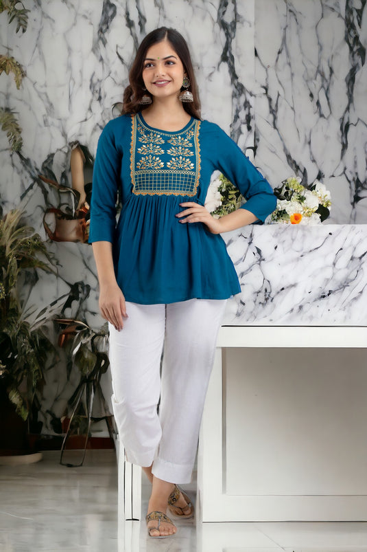 Women's Solid Dyed Rayon Designer Silk Embroidered Hip Length Top