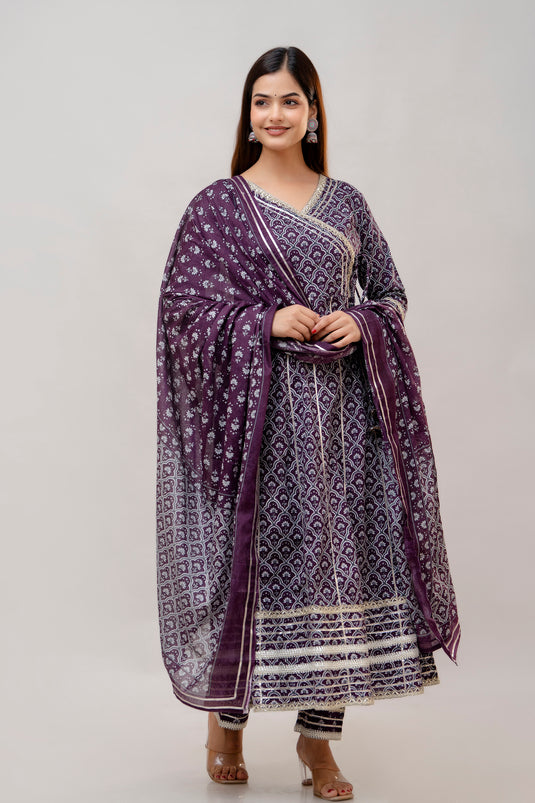 Pure Cotton Lace Insert V Neck EGGPLANT PURPLE Traditional Angrakha Kurta for Women with Regular Pant and Dupatta