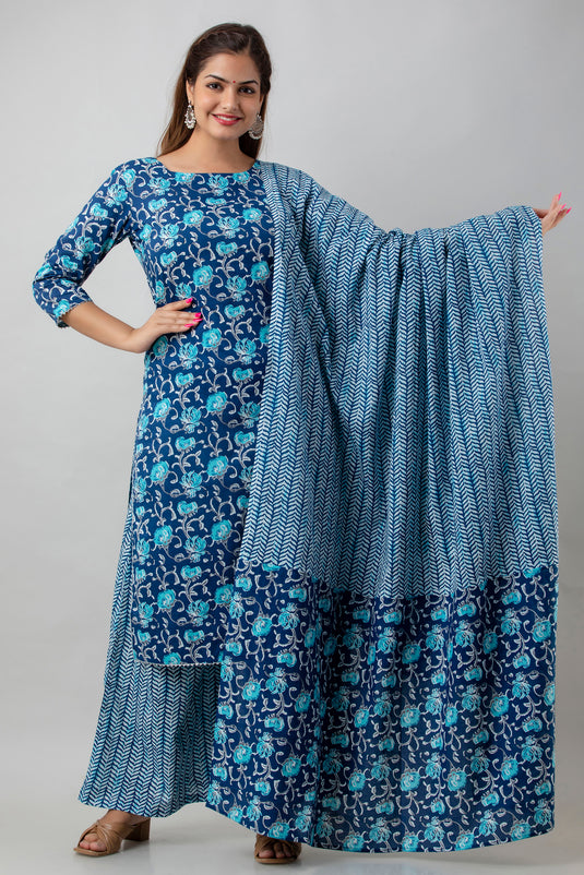 Women's Printed Pure Cotton Traditional Kurta Set With Trousers and Dupatta