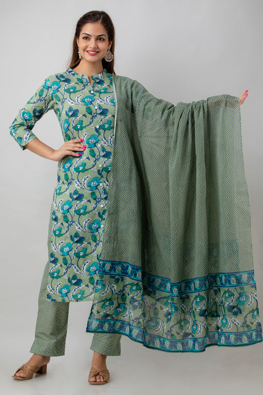 Women's Printed Pure Cotton Traditional Kurta Set With Trousers and Dupatta