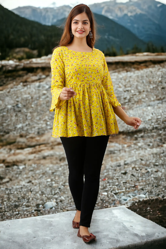 Women's Pretty Bell Sleeves Floral Print Formal Hip Length LEMON YELLOW Top