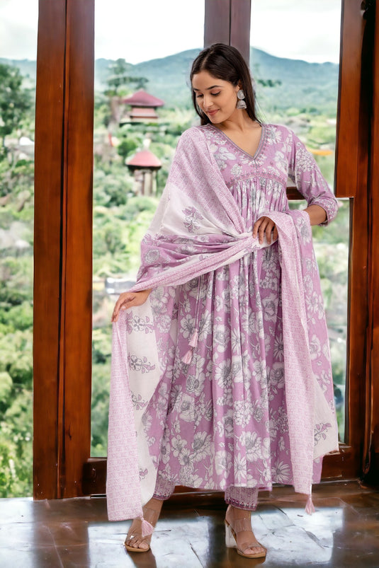 Women's Printed Pure Cotton Traditional Pure Silk Coding Mirror Embroidery Work Aliya Cut Kurta with Trousers & Dupatta