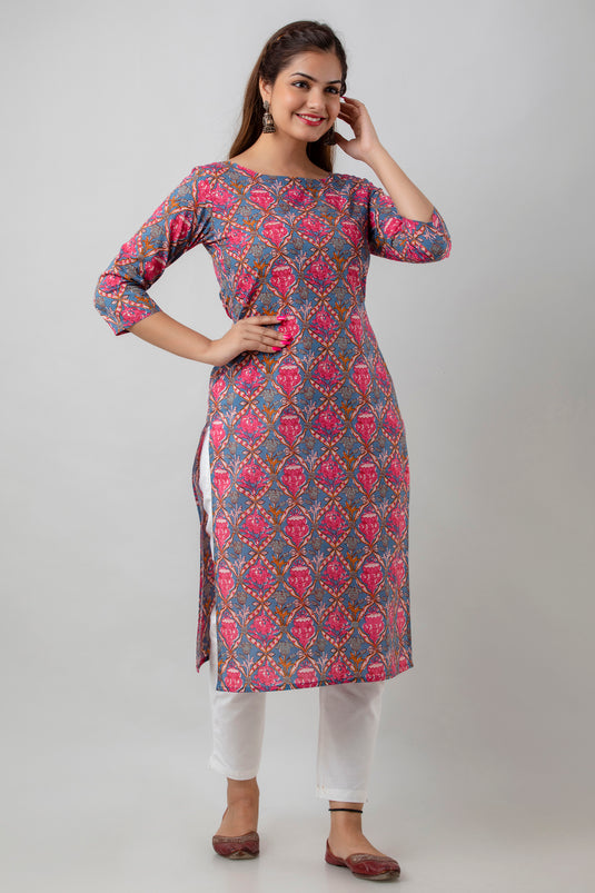 Women's Pure Cotton Calf Length Traditional Floral Printed Staright Kurta