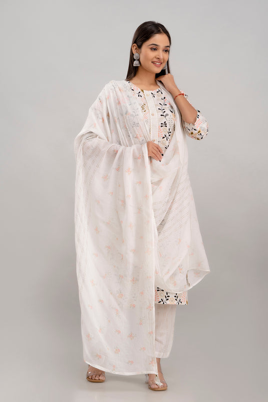 Women's Printed Pure Cotton Traditional Sequence Patch Work Straight Kurta With Trouser and Dupatta