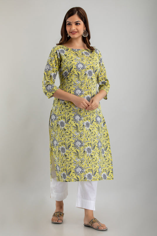 Women's Pure Cotton Calf Length Traditional Floral Printed Staright Kurta