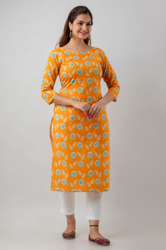 Women's Pure Cotton Calf Length Traditional Floral Printed Staright Kurta