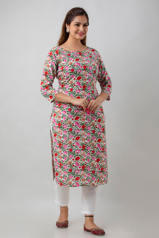 Women's Pure Cotton Calf Length Traditional Floral Printed Staright Kurta