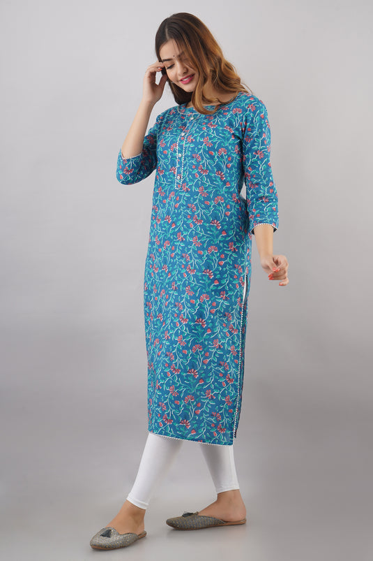 Women's Pure Cotton Traditional  Calf Length Floral Printed Staright Kurta