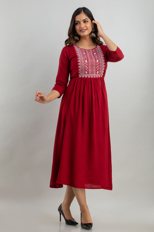 Women's Solid Dyed Viscose Rayon Designer Silk Embroidered A-Line Festival Kurta
