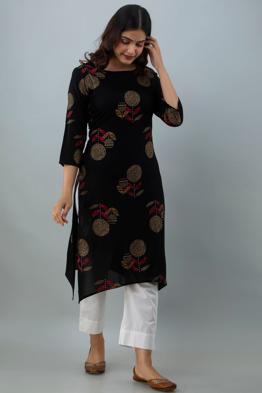 Women's Rayon Calf Length Traditional Floral Printed Staright Kurta