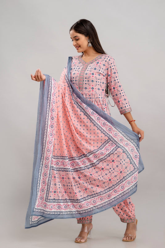 Floral Print Coding Mirror Work Pure Cotton ROSE QUARTZ PINK Side Cut Flared Kurta with Afghani Pant & Dupatta