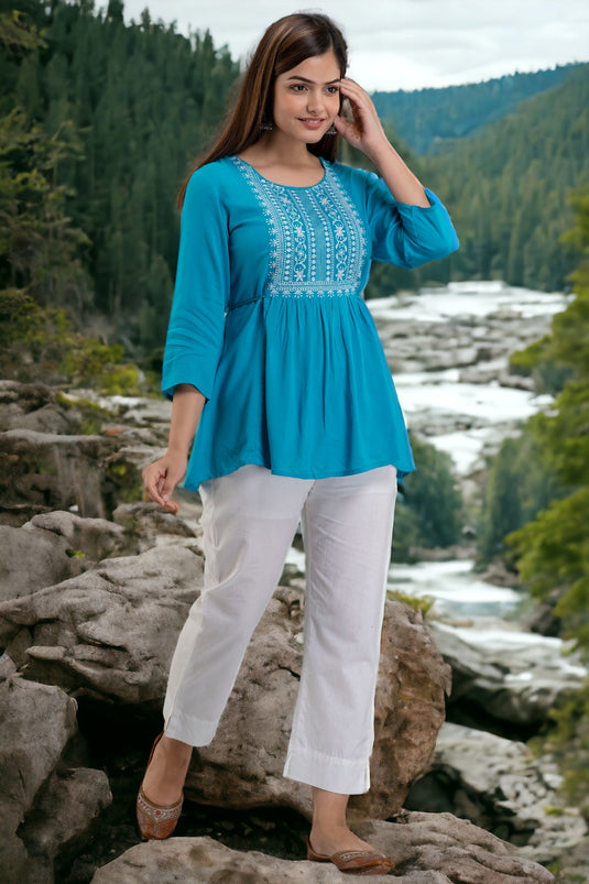 Women's Viscose Rayon (LIVA) Silk Embroidered Designer ROYSTON TURQUOISE Hip Length Top