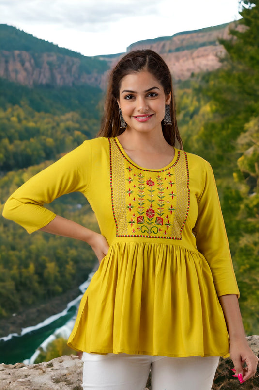 Women's Viscose Rayon (LIVA) Silk Embroidered Designer BUTTER YELLOW Top