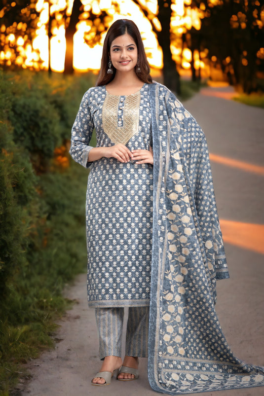 Women's Printed Pure Cotton Traditional Sequence Patch Work Straight Kurta With Trouser and Dupatta