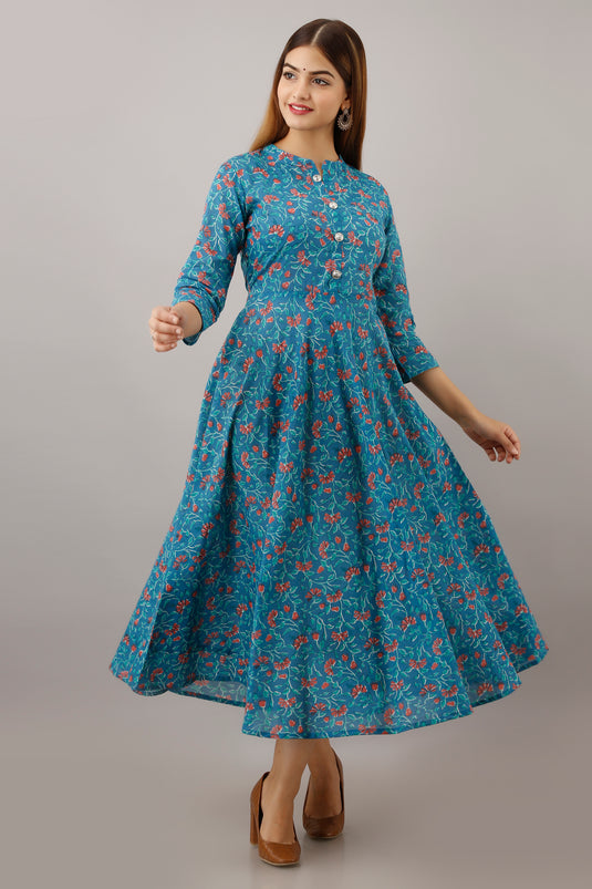 Pure Cotton Flower Print Ankle Length Flared Traditional SERULEAN BLUE Pretty Kurta for Girls & Women