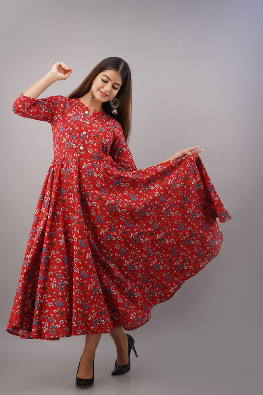 Women's Pure Cotton Printed Ankle Lenght Flared Party Wear Designer Traditional Kurta