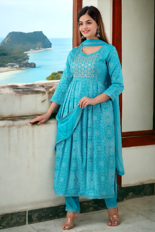 Viscose Rayon (LIVA) Khadi Print Sequence Zari Work ROYSTON TURQUOISE Naira Cut Kurta with Trouser and Nazmin Dupatta for Women